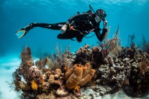 Certified diver completing Open Water referral qualifying dives on the Caribbean reef in Cancún with Vision Oceanos
