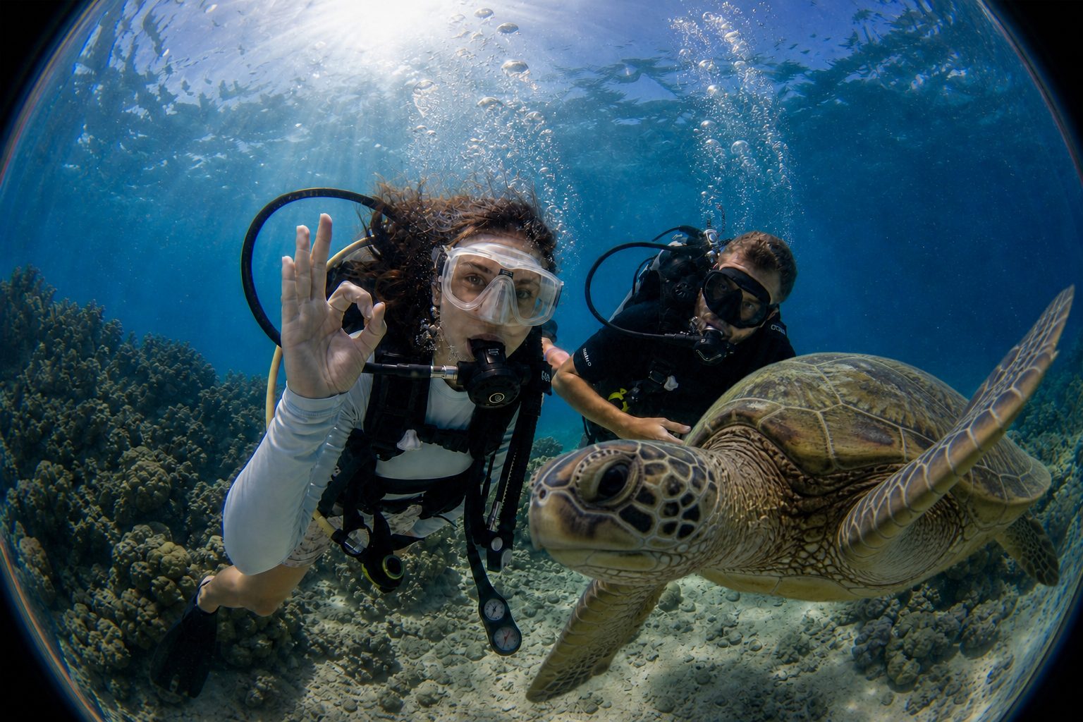 Try Scuba Diving student giving the OK signal underwater beside a green sea turtle — Vision Oceanos, Cancún