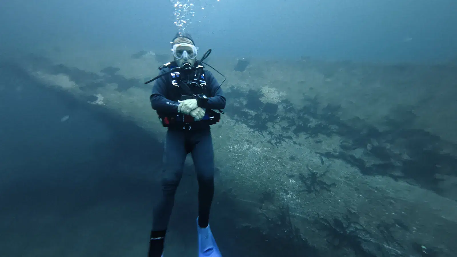 Diver over the hull of the C-58 General Anaya shipwreck off Cancún — Vision Oceanos